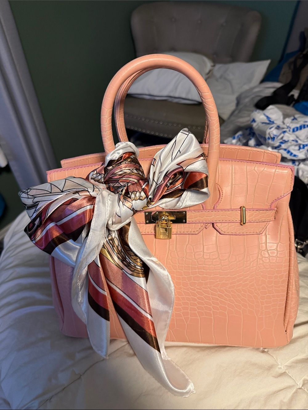Women's Pink Croc-Embossed Satchel Bag with Silk Scarf